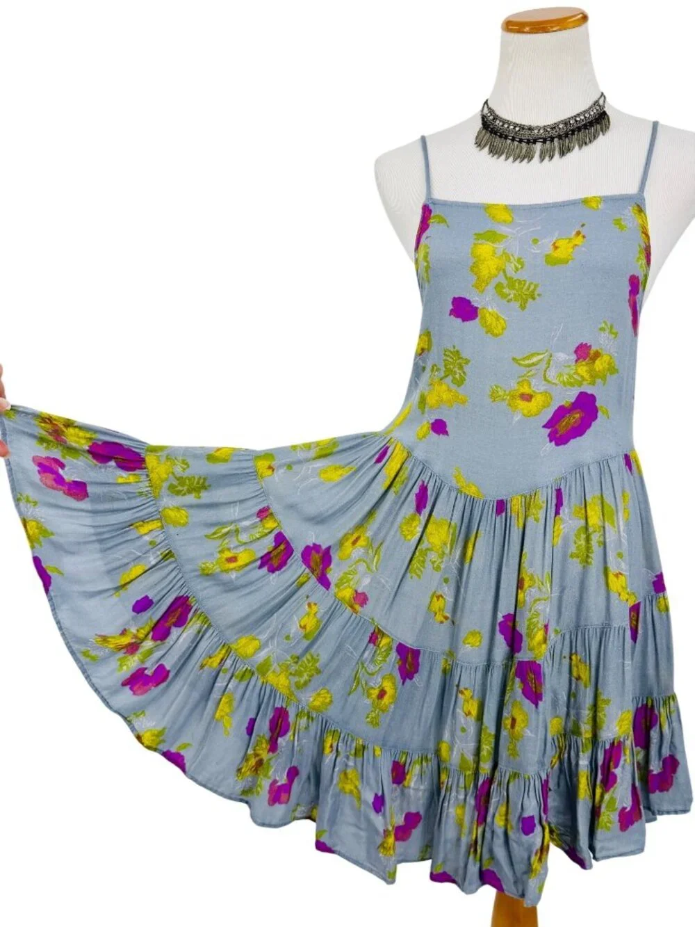 Free People Floral Strappy Lace Up Back Ruffle Hem Mini Dress S| Balletcore Boho - Picture 14 of 16